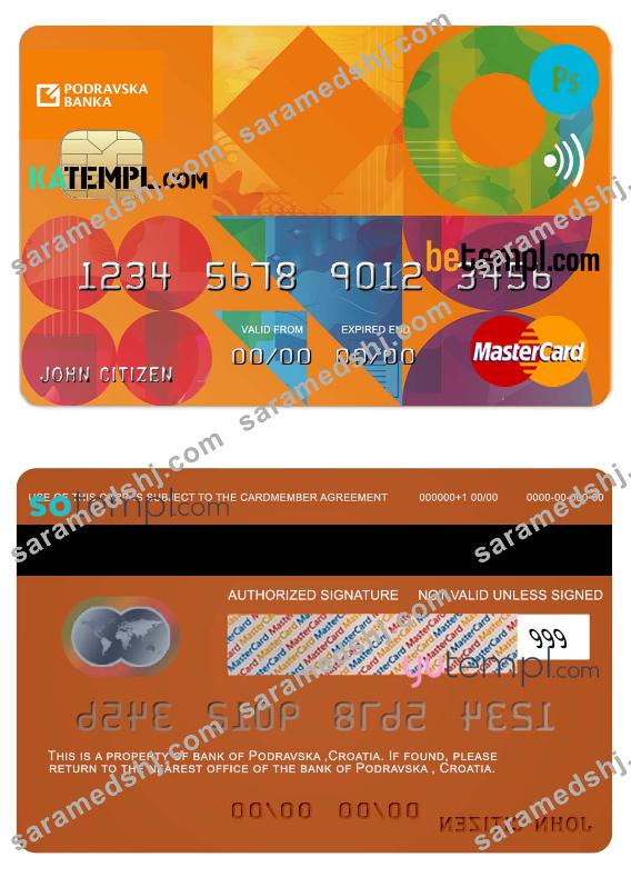 Croatia Podravska bank mastercard credit card template in PSD format, fully editable